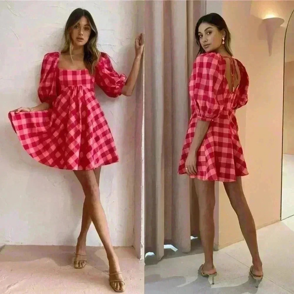 Acler Pink and Red Gingham Puff-Sleeve Mini Dress - Picture 2 of 14